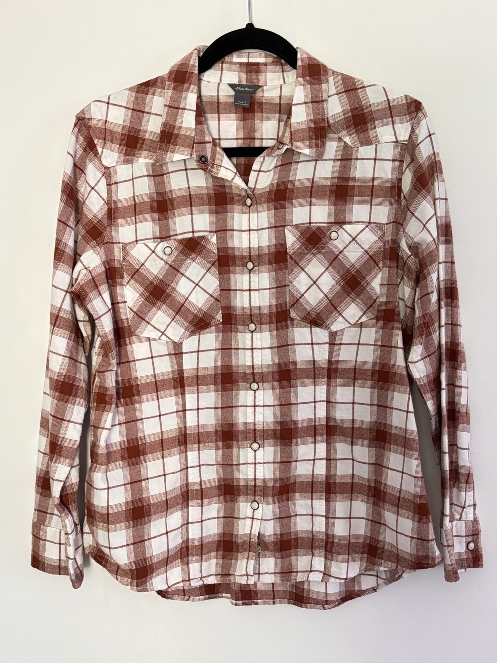 Eddie Bauer Women Classic Plaid Western Pearl Snap Button Shirt Cowgirl Large D5